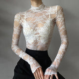 2024 Spring And Summer New Spice Girls Perspective Lace High-Necked Long-Sleeved T-Shirt Thin Tight Short Blouse