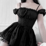 Znbbw Shoulder Lace Spliced Dress Dark Style Waist Shows A Thin And Fluffy Short Skirt Woman