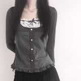 Girl Wind Holiday Two Wave Point Square Collar Spliced Button Blouse Girl 2024 Collision Color Small Bow Knot Wooden Ear T-Shirt