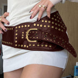 Retro Corns Personality Leather Wide Belt Cool Punk Rivet Splicing Decoration 2025 Summer New Girls
