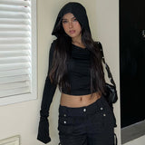 Dark, Windy Collar, Shoulder Sexy, Hooded Blouse, 2025 Slim, Solid Color, Long-Sleeved T-Shirt.