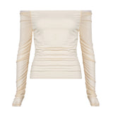 Spicy Girl Shoulder Net Pleated Solid Color Blouse Short Low-Collar Long-Sleeved T-Shirt With Exposed Navel