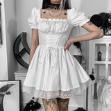 Znbbw Shoulder Lace Spliced Dress Dark Style Waist Shows A Thin And Fluffy Short Skirt Woman