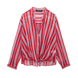 Znbbw Spring Style Knot Striped Translucent Long-Sleeved Shirt 3333244