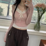 Hot Girls Sexy Lace Straps Tight Show Thin Knitted Long Sleeves Two-Piece Set 2024 Pure Sweet Wind Blouse Girl
