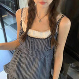 2024 Summer Women's Wear Ins Online Celebrity Street Hot Girls New Plaid Fake Two Lace Folded Vests