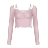 Square Neckline Lace Stitching Bow Tie Small Suspender Long-Sleeved Blouse 2024 Pleated Floral Wood Ear T-Shirt