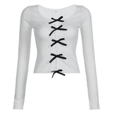 Ins Chao Brand Hollowed-Out Design Feeling Small Sexy Bow Stitching Long-Sleeved Slim T-Shirt 2024 Spring And Summer New Women