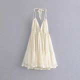 Znbbw The Summer Of 2024, The New Style Baitai Thin Laminated Net Yarn Spliced V-Collar Halter Skirt With Large Bare Back