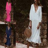 Znbbw Summer New Lace V-Collar Ins Casual Loose Lace Stitched Seven-Sleeve Cake Skirt
