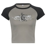 2025 Summer Hot Girls Hipster Street Retro Round Collar Shoulder Collision Wing Printed Short-Sleeved T-Shirt