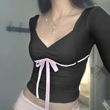 Hot Girl Sexy Square Collar Tight Show Thin Color Lace Long-Sleeved T-Shirt 2025 Autumn Fold Waist Pure Desire Blouse