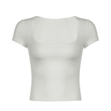 Simple Solid Color U-Collar Tight Skinny Short-Sleeved T-Shirt Summer Basic Low-Collar Knitted Blouse