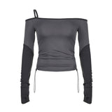 Spicy Girl Style Solid Color Collar Shoulder Rope Slim Long-Sleeved Functional T-Shirt 2024 Spring New Style