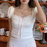 Summer Fresh Romantic Pure Color Square Collar Bubble Sleeve Girl T-Shirt Ins Trend Slim Casual Blouse New Style