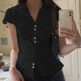 2025 New Summer Women's Wear Small Pleated Leisure Buckle Solid Color Simple Back Strapped Short-Sleeved Shirt