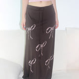 Spicy Girls Fashion Bow Printing Rope-Drawing Waist Half Skirt 2024 High Waist Thin Simple Style Knitted Skirt Woman