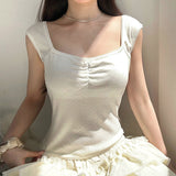 Gentle Style Small Lace Pleated Square Collar Short-Sleeved T-Shirt Ins Girls Fresh Wear Bare-Back Blouse 2024