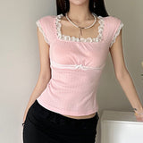 French Sweet Lace Lace Stitching Square Collar Slim, Striking Color Short-Sleeved T-Shirt, Girl's Knitted Blouse