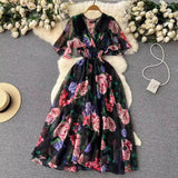 Znbbw V-Necked Print Chiffon Dress Shows Lean Lotus Leaf Edge Short-Sleeved Waist First Love Fairy Skirt