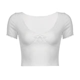 2024 New Summer Style Short Color V-Neck Lace Splicing Bowknot Slim Fashion Short-Sleeved T-Shirt