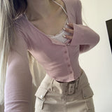 2025 Pure Style Women's Dress Ins Street Lace Spliced U-Shaped Hem Button Long-Sleeved Sweater Women's Autumn