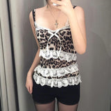 Spicy Girls Retro Leopard Print Color Lace Bow Splicing With Small Suspenders To Show Slim, Sexy Vest