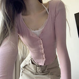 2025 Pure Style Women's Dress Ins Street Lace Spliced U-Shaped Hem Button Long-Sleeved Sweater Women's Autumn