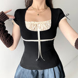 Street Fashion Winter Ebay Color Splicing Lace Square Tie Fresh And Sweet Blouse Girl