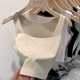 White Sling Vest Women's Suit With Cover, Breast Wide Shoulder Straps, Sleeveless T-Shirt, Square Collar, Bottom Top, Summer Outside.