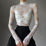 2024 Spring And Summer New Spice Girls Perspective Lace High-Necked Long-Sleeved T-Shirt Thin Tight Short Blouse