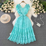 Znbbw Temperament Flying Sleeve V Collar Waist Shows Thin A Word Big Pendulum Hollowed-Out Dress Seaside Holiday Long Skirt