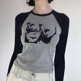 Street Portrait Printed Shoulder-Inserted Long-Sleeved T-Shirt 2024 New Retro Slim And Skinny Bottom Shirt