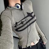 Make A 2025 New Spicy Girl's Casual T-Shirt With An Old Color, Tattered, Patchwork, Round Neck, Slim Woolen Blouse.