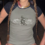 2025 Summer Hot Girls Hipster Street Retro Round Collar Shoulder Collision Wing Printed Short-Sleeved T-Shirt