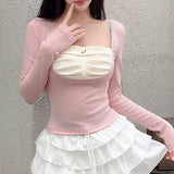 Pure Fashion Girl Hit Color Square Collar Fold Splicing Fake Two Long-Sleeved T-Shirts Sweet Knit Blouse