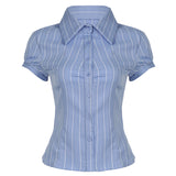 Vintage Striped Bubble Sleeve Blouse With Thin Waist And POLO Collar Button Cardigan Short Sleeved T-Shirt