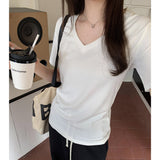Basic White V-Collar Casual Short-Sleeved T-Shirt Women's New Summer Design Niche Shoulder Blouse