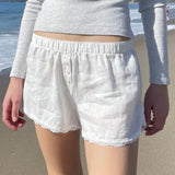 Holiday Style Buckle Solid Color Simple Woven Shorts Loose Waist Loose 100-Lap Spliced Lace Casual Trousers