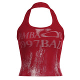 Rendered Letter Print Neck Vest 2024 Sexy Spice Girl With Tight Back And Thin Inside Wearing A Sling Top