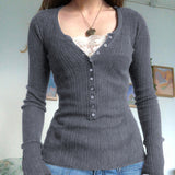 Slim And Slim Internet Celebrity Fashion Brown Knitted Spliced Lace Blouse In The Fall Of 2024