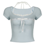 Bow Tie Lace Stitching Neck Pure Wind Short-Sleeved Blouse Sweet Slim And Skinny T-Shirt In Summer