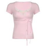 Sweet Girl Lace Bow Solid Color Short-Sleeved T-Shirt Style Stylish Casual Shirt New Style In Summer