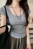 White U-Collar Slim Shoulder Short T-Shirt Women 2024 Summer New Style Short Short-Sleeved Blouse Trend