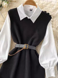 Znbbw Style Fragrant Style Suit Design Feeling Minority White Shirt Skirt Knitted Vest Skirt Folded And Waist Two-Piece Set