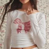 Sweet And Cool Spicy Girls Big Bare-Back Butterfly Machine Printing Slim Long-Sleeved T-Shirt 2024 Spring New Design Basic Blouse