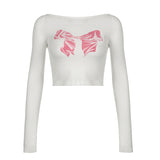 Sweet And Cool Spicy Girls Big Bare-Back Butterfly Machine Printing Slim Long-Sleeved T-Shirt 2024 Spring New Design Basic Blouse