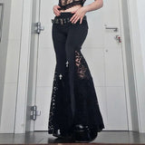 Znbbw High-Waisted Lace Stitching Buttocks Micro-Trunks Dark Style Sexual Engraving Empty Spicy Girls Casual Pants