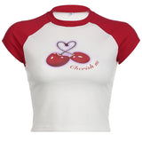 Sweet Cool Girl Cherry Print Hit Color Shoulder Insert Short-Sleeved Round-Neck T-Shirt 2024 Spring / Summer New Spice Girl Blouse