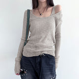 Pure Color Simple Pit Strip Slimming Retro Fashion Single Bare Shoulder Long Sleeved Two-Piece Blouse 2024 Spring / Summer New T-Shirt